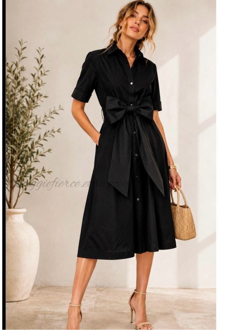J.Crew Black Bow-Tie Shirt Dress - Elegant Button-Front Midi
